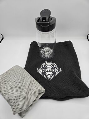 Wolverine Black and Clear Logo Bottle with Gray Mesh Pouch & Sweat Rag